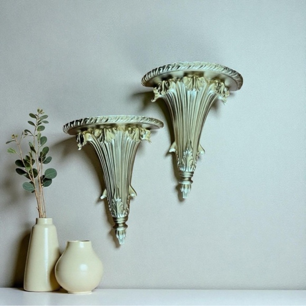 Vintage gold  flute shaped  sconces, display shelves shelf, sconces